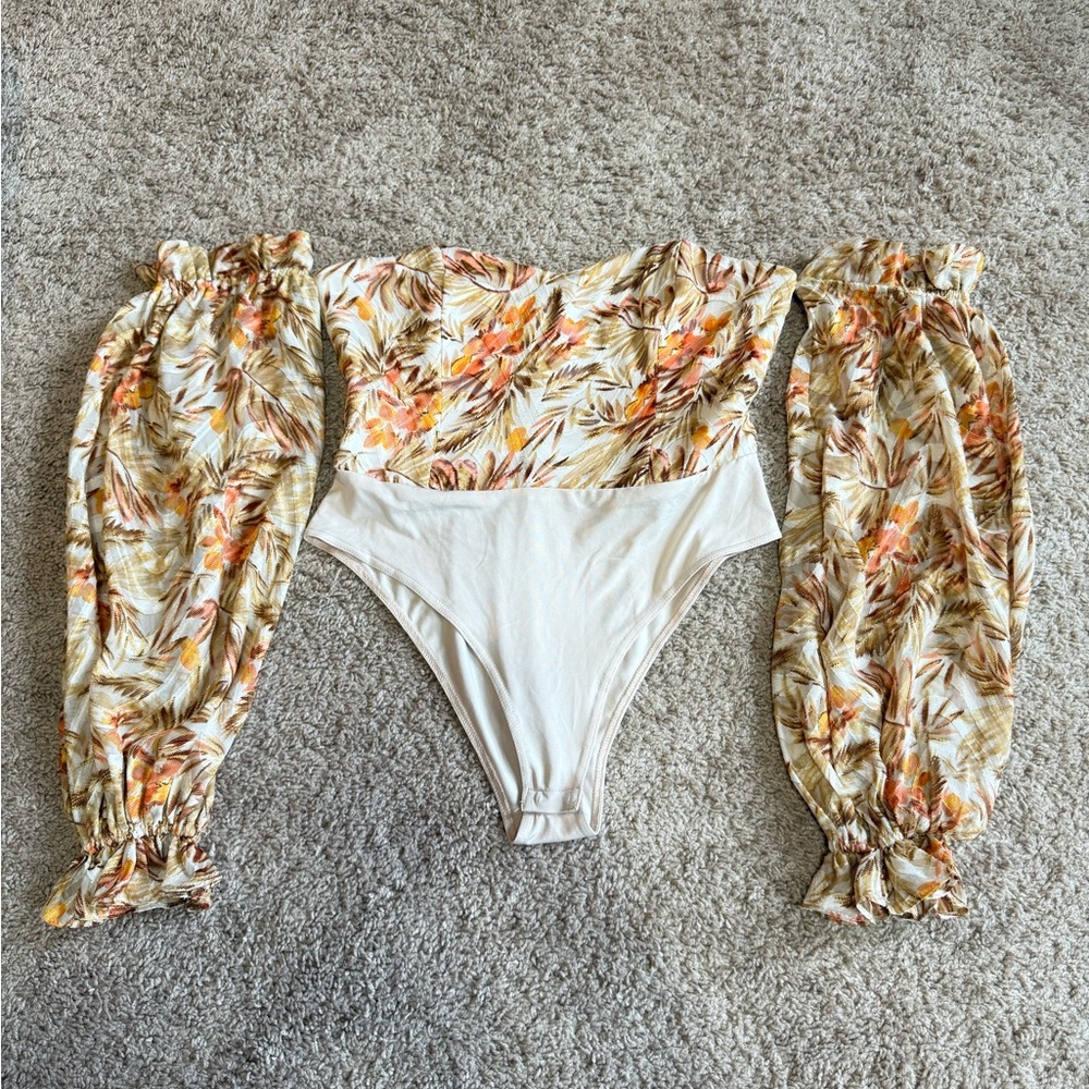 Floral Off-Shoulder Bodysuit with Detachable Sleeves